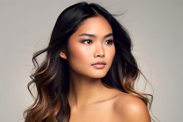 Naklejka premium Beautiful Asian Woman with Wavy Hair and Natural Makeup on Neutral Background