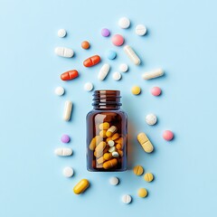 Assortment of colorful pills and tablets in a glass bottle on a light blue background, healthcare and medical concept. Medicine