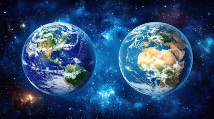Two pixelated Earth globes in space