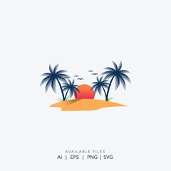 Tropical Sunset Logo with Palm Trees and Beach Design