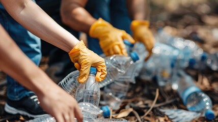Obraz premium Close up people's hands collecting plastic wastes express and emphasize the important of recycling trash. Palm hand collect garbage to clean environment and saving ecology. Save earth concept. AIG53.