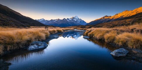 Obraz premium Serene Mountain Landscape with Reflective Lake and Golden Grasslands