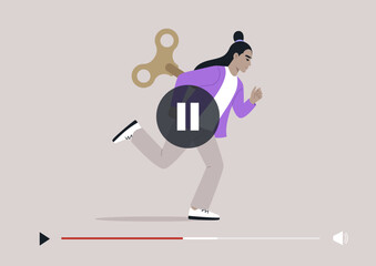 A figure runs with a whimsical wind-up toy, capturing the contrast between frenetic energy and the desire for mindfulness in the journey of slow living