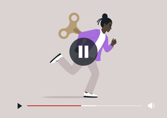 A figure runs with a whimsical wind-up toy, capturing the contrast between frenetic energy and the desire for mindfulness in the journey of slow living