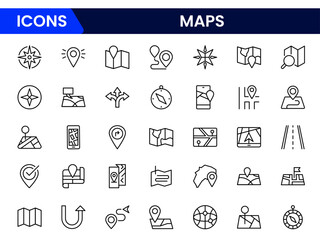 Vector illustration web line icon collection showcasing location pins, folded maps, and navigation symbols, representing travel, geography, direction, GPS, and spatial orientation tools.