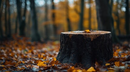 Autumn Tree Stump Surrounded by Leaves in a Forest Landscape