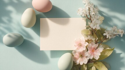 Easter decoration chick ornaments festive banners. Delicate Spring Easter Celebration with Eggs Flowers and a Blank Invitation Card Display.
