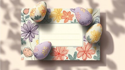 Easter decoration chick ornaments festive banners. Easter Eggs and Floral Decorations on a Rectangular Card with Empty Space for Personalization or Message.