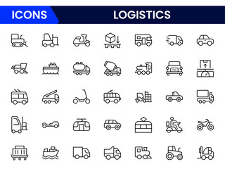 Vector illustration web line icon collection showcasing trucks, warehouses, packages, and delivery routes, representing efficient logistics, global shipping, supply chain, and transportation