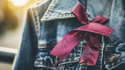 Red ribbon pinned on denim jacket symbolizing rare disease awareness, support and solidarity for medical research and healthcare advocacy.