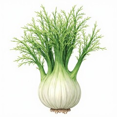 Watercolor illustration of a fennel bulb with feathery fronds, isolated on white.