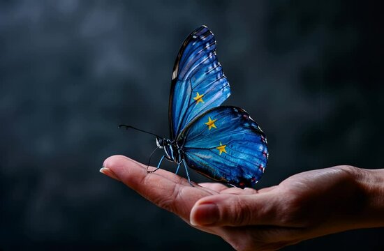 Butterfly with wings like the flag of Europe flies away from the hand.