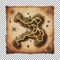 a vintage island map with winding paths and an X marking the spot, Old Treasure Map of Tropical Island with Path and Landmarks on transparent background, png, psd
