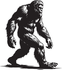 Fototapeta premium Walking Bigfoot Silhouette – Mythical Creature IllustrationSasquatch in Motion – Hand-Drawn Forest Legend ArtMonochrome Yeti Sketch – Cryptid in the Wild