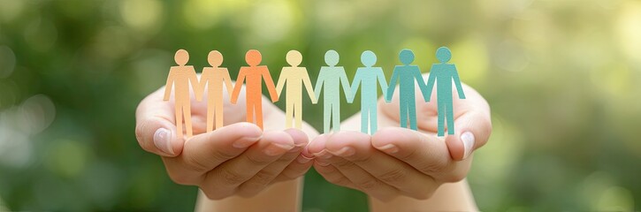Paper Chain People Held in Caring Hands Against a Green Background