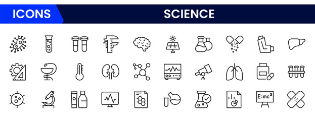 Vector illustration web line icon collection featuring lab equipment, molecules, DNA strands, and scientific tools, representing innovation, research, discovery, and scientific exploration.