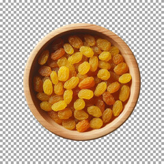 Top View of Fresh Golden Raisins in Wooden Bowl on transparent background, png, psd
