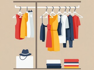 Flat illustration style product design of Minimal wardrobe with hanging clothes and hangers