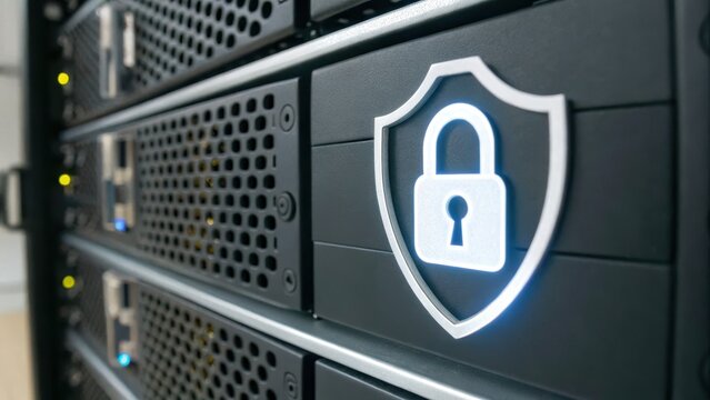 Secure server with padlock symbol for data protection.