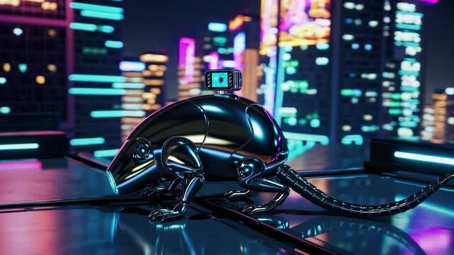 Robotic rat equipped with a camera is exploring a futuristic neon-lit city at night, performing surveillance or espionage in a cyberpunk setting