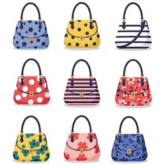 Flat illustration style product design Set of handbags with different pattern designs