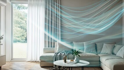 Elegant air flow animation in modern living room enhancing comfort and style