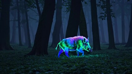 Rainbow-colored wild boar walking through a dark, foggy forest at night, creating a magical and surreal atmosphere filled with vibrant hues and an otherworldly glow - Powered by Adobe