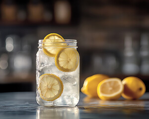 Refreshing lemonade served in a jar with ice and lemon slices, perfect for summer hydration and enjoyment.