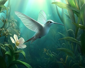 Hummingbird in ethereal floral forest
