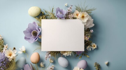 Easter decoration chick ornaments festive banners. Gentle Easter Arrangement with Pastel Eggs and Flowers Surrounding Blank White Card on Blue.