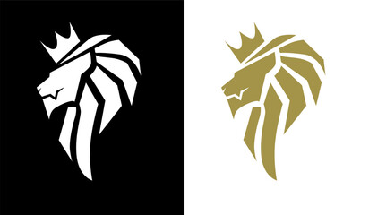 elegant illustration Majestic king male lion head with crown vector logo design white and gold, Wild cat silhouette emblem