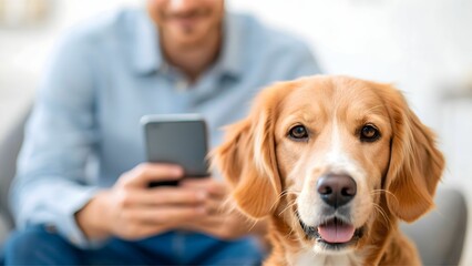 Fototapeta na wymiar Pet Diagnostic App concept A person interacts with a smartphone while a golden retriever gazes happily nearby.