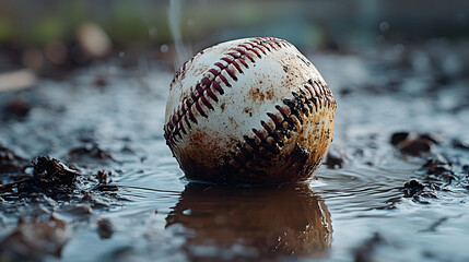 A well-used baseball sits in a puddle of muddy water after a rainy game showing off its wear and tear.