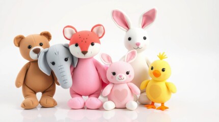Naklejka premium Group of plush toys featuring a bear, elephant, fox, two bunnies, and a chick, arranged closely together.