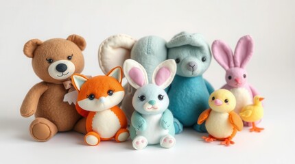 Fototapeta premium Group of pastel plush animals including a bear, fox, elephant, rabbit and a chick. All are super cute