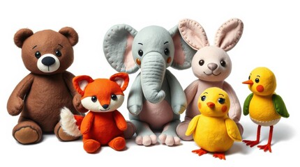 Obraz premium Stuffed animal assortment: bear, fox, elephant, rabbit, and chicks, all lined up in a charming group.
