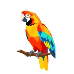 Fototapeta premium Vibrant macaw perched gracefully on a branch, showcasing geometric design with stunning color palette.