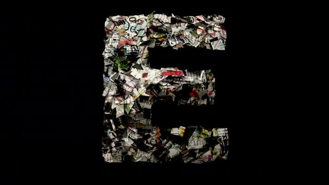 The letter E with cut up news paper isolated loop