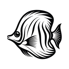Silhouette of Butterflyfish, Monochrome Tropical Fish, Isolated on White Background