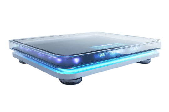 Futuristic Smart Scale glowing blue LED lights sleek white design digital on transparent background