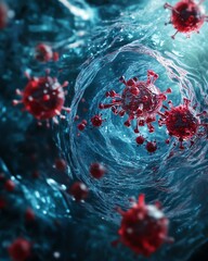 Microscopic view of virus in fluid environment.