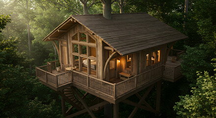 Rustic Wooden Treehouse in Forest