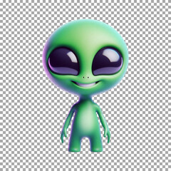 Adorable Green Alien with Big Eyes and Happy Face on transparent background, png, psd
