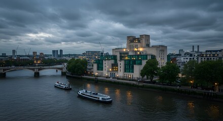 River View with Building and Boats Under Cloudy Sky