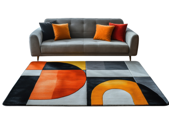 Modern grey sofa with vibrant geometric rug black background studio shot on transparent background