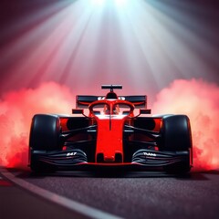 Naklejka premium Red racing car in spotlight with smoke, ready to accelerate on the track for ultimate performance.