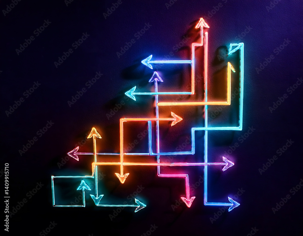 Poster colorful neon arrows create an abstract pattern on a dark background, symbolizing direction and choi
