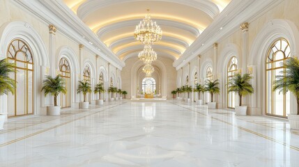 Fototapeta premium Grand Hallway Interior Design: An expansive and luxurious hallway interior designed in a classic, regal style. The gleaming marble floor and high ceilings are adorned with ornate details.