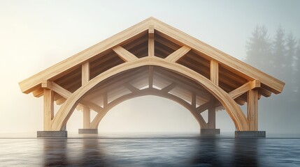 Wooden arched pavilion structure, misty setting