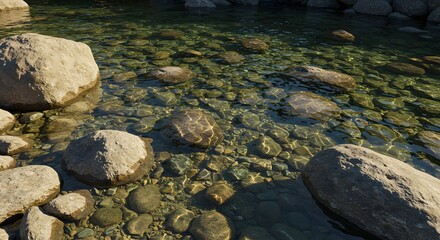 Rocky Riverbed with Clear Water and Sunlit Reflections